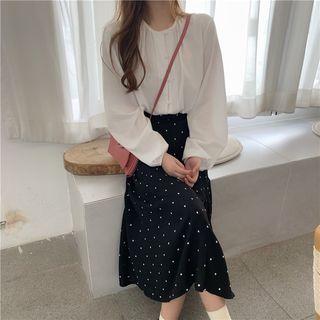 Puff-sleeve Crinkled Top / Polka Dot A-line Midi Skirt
