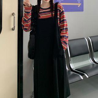 Striped Long-sleeve T-shirt / Midi A-line Pinafore Dress