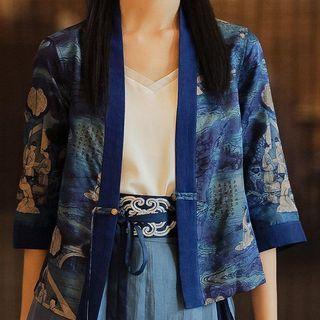 Elbow-sleeve Floral Open Front Jacket