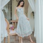 Spaghetti-strap Embroidered Floral Long Dress