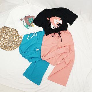Set: Print Short-sleeve T-shirt + Straight Fit Pants