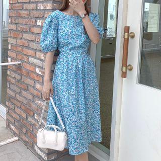 Open-back Floral Puff-sleeve Dress