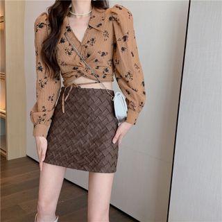 Tie-hem Twisted Crop Shirt / Faux-leather Woven Mini Skirt