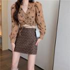 Tie-hem Twisted Crop Shirt / Faux-leather Woven Mini Skirt