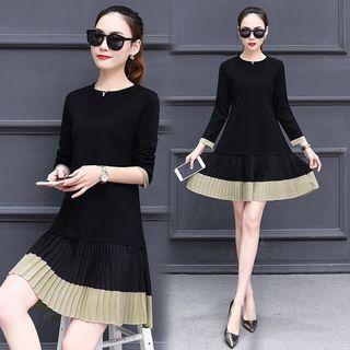 Long-sleeve Pleated Panel A-line Knit Dress