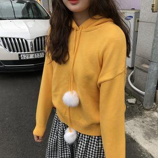 Plain Loose-fit Long-sleeve Hooded Knit Top