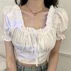 Puff-sleeve Square Collar Frilled Trim Crop Top