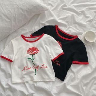 Short-sleeve Rose Print Crop Top