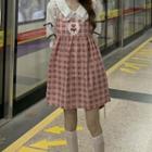 Bell-sleeve Lace Trim Shirt / Plaid Mini A-line Overall Dress