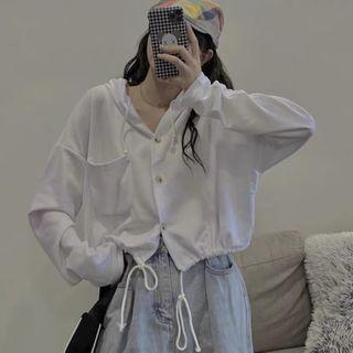 Pocket-front Drawstring Cropped Hood Cardigan White - One Size