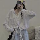 Pocket-front Drawstring Cropped Hood Cardigan White - One Size