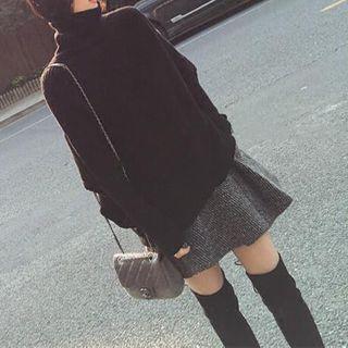 Set: Turtleneck Plain Sweater + Mini Woolen Skirt