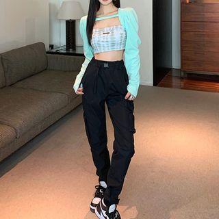 Long-sleeve Shrug / Tie-dye Tube Top / High Waist Cargo Pants / Set