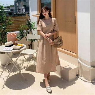 Round-neck Pintuck-trim Linen Blend Dress Beige - One Size