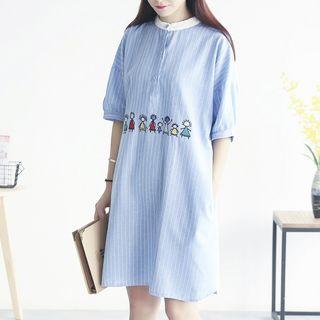 Embroidered Pinstripe Short-sleeve Dress