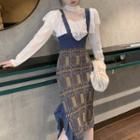 Lace Trim Blouse / Plaid Midi Knit Overall Dress