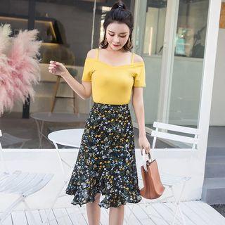 Floral Print Midi Skirt / Set: Cold Shoulder Short-sleeve T-shirt + Floral Print Midi Skirt