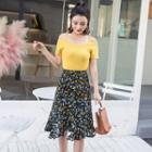 Floral Print Midi Skirt / Set: Cold Shoulder Short-sleeve T-shirt + Floral Print Midi Skirt