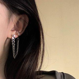 Sterling Silver Chain Fringed Earring With Ear Cuff 1 Pair - 925 Silver Stud - Silver - One Size