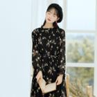 Floral Long-sleeve Chiffon Pleated Maxi Dress