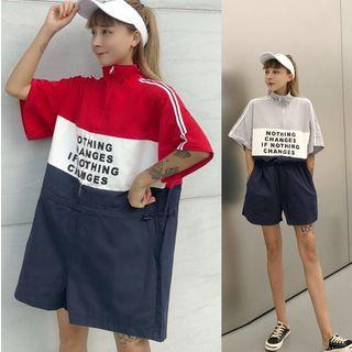 Color Block Elbow-sleeve Playsuit / Crew-neck Tank Top