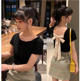 Lattice Back Small Heart Bow Short-sleeve T Shirt Top White - Xxxs