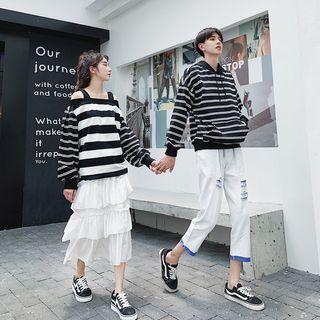 Couple Matching Striped Hoodie / Striped Cold-shoulder Pullover / Ripped Pants