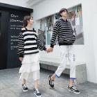 Couple Matching Striped Hoodie / Striped Cold-shoulder Pullover / Ripped Pants
