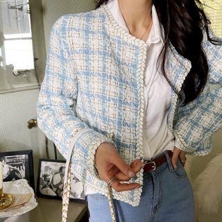 Braided Trim Check Tweed Jacket Sky Blue - One Size