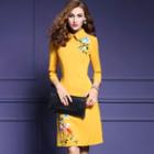 3/4-sleeve Floral Embroidered Sheath Dress