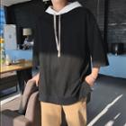 Color Block Hooded 3/4-sleeve T-shirt