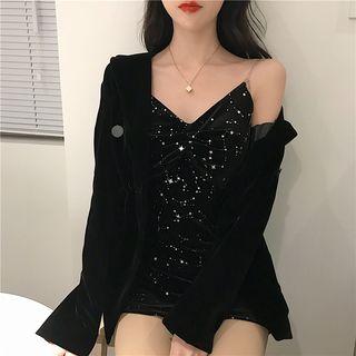 Glitter Sleeveless Velvet Mini Dress / Blazer