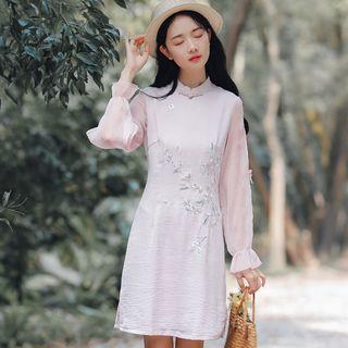 Long-sleeve Mandarin Collar Embroidered Chiffon Dress