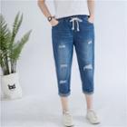Elastic Waist Cropped Ripped Jeans