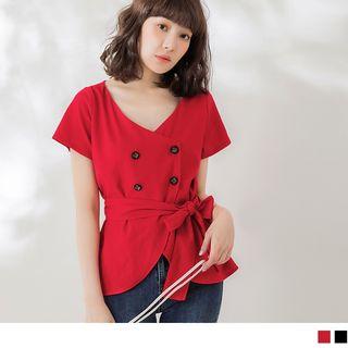 Double-buttoned Tie-waist Short-sleeve Top