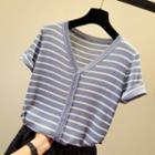 Short-sleeve Striped Buttoned Knit Top