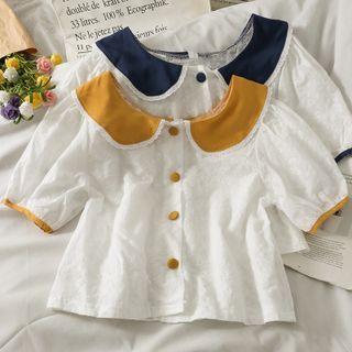 Colorblock Lace-trim Crop Shirt