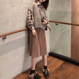 Set: Knit Vest + Plaid Shirt + Pleated Midi Skirt