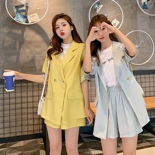 Set: Sequined Paneled Elbow-sleeve Double Breasted Blazer + Shorts