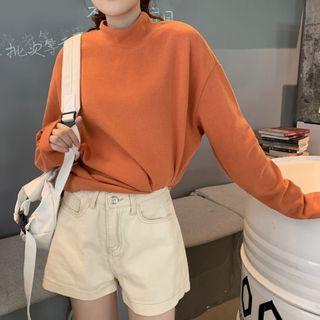 Mock Turtleneck Plain Long-sleeve T-shirt