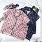 Set : Pinstripe Short-sleeve Top + Shorts + Hair Band