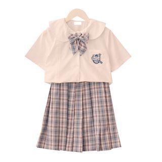 Embroidered Pocket Detail Short-sleeve Blouse / Plaid Mini A-line Skirt / Bow Tie / Tie / Set
