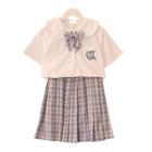 Embroidered Pocket Detail Short-sleeve Blouse / Plaid Mini A-line Skirt / Bow Tie / Tie / Set