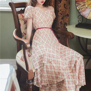 Short-sleeve Plaid Midi Tiered Dress