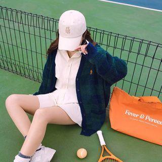 [fever & Percent] V-neck Plaid Knit Cardigan Navy Blue - One Size