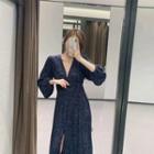 V-neck Patterned Split Long Dress