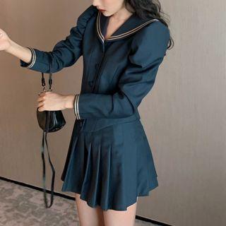 Sailor Collar Long-sleeve Blouse / Pleated Skirt