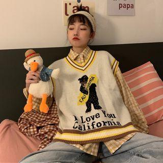 Long-sleeve Checked Shirt / Graphic Print Knit Vest / Set