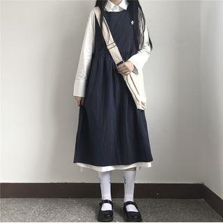 Long-sleeve Shirt Dress / Overall Midi Dress / Set