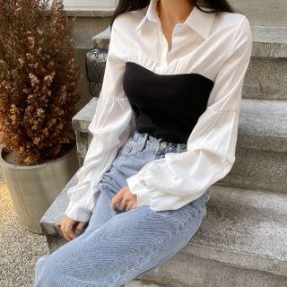 Bishop-sleeve Knit-panel Shirt Black - One Size